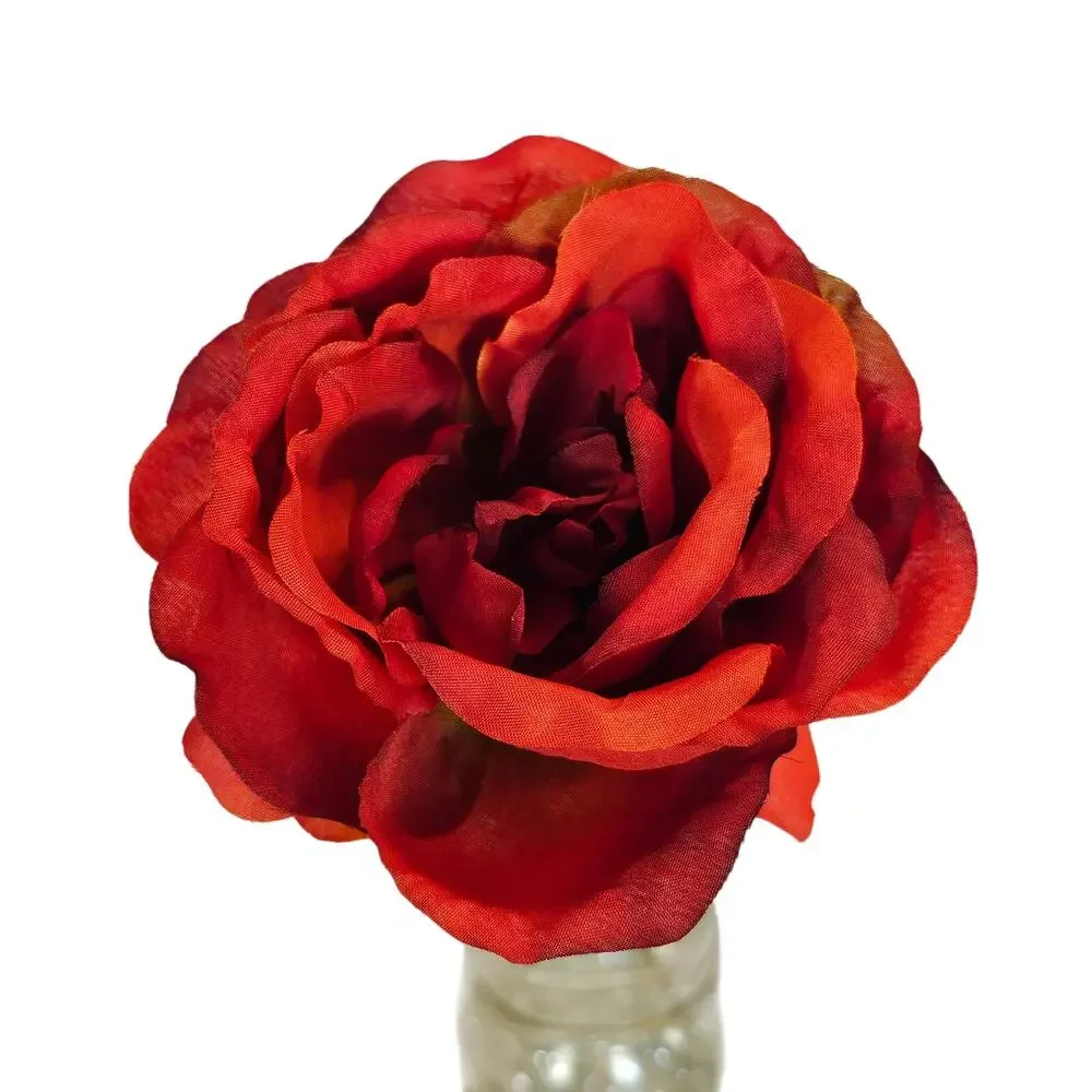 Artificial Large Red Orange Roses 16 Stems Faux Silk Fall Wedding Floral Lot